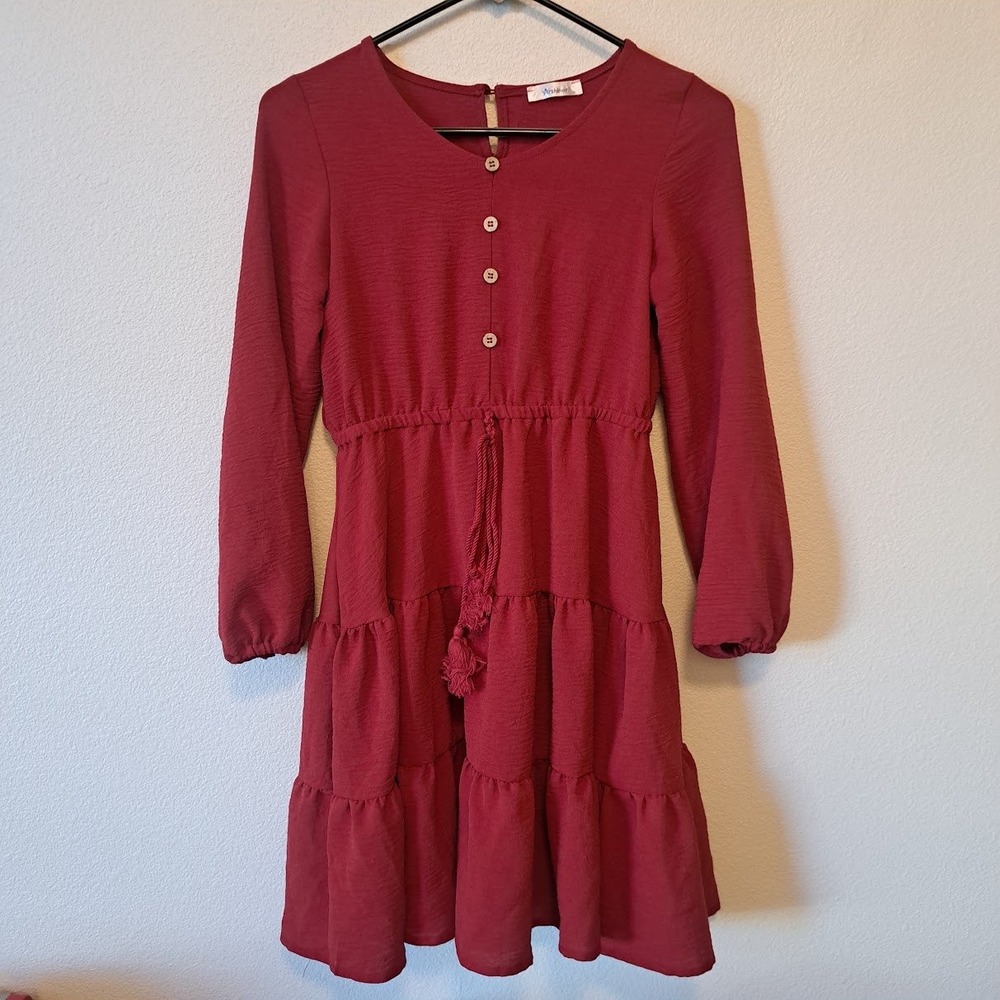 Arshiner Burgundy Long Sleeve Tiered Mini Dress Size 12 Wine Red Tassel Boho